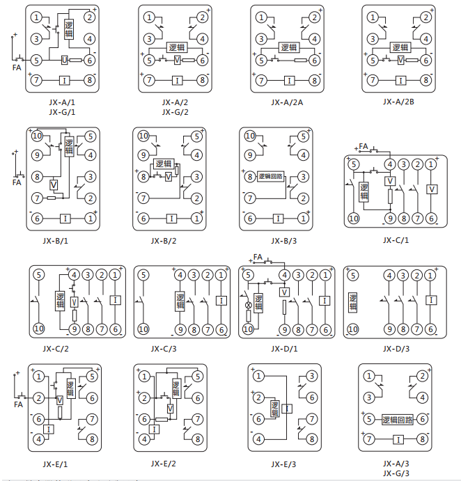 JX-E/2靜態(tài)信號繼電器內(nèi)部接線及外引接線圖（正視圖）