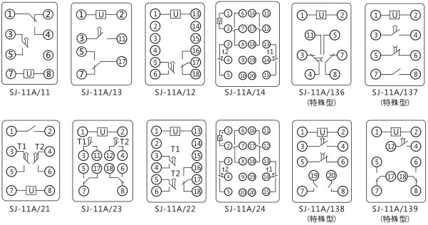 SJ-11A/24集成電路時(shí)間繼電器內(nèi)部接線圖及外引接線圖片