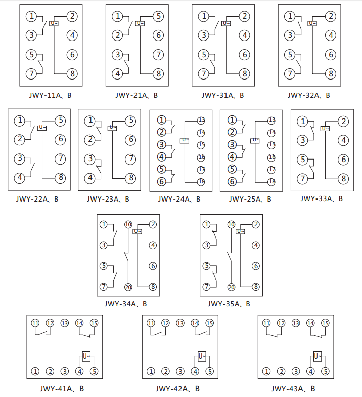 JWY-21A無(wú)輔助源電壓繼電器內(nèi)部接線(xiàn)及外引接線(xiàn)圖（正視圖）