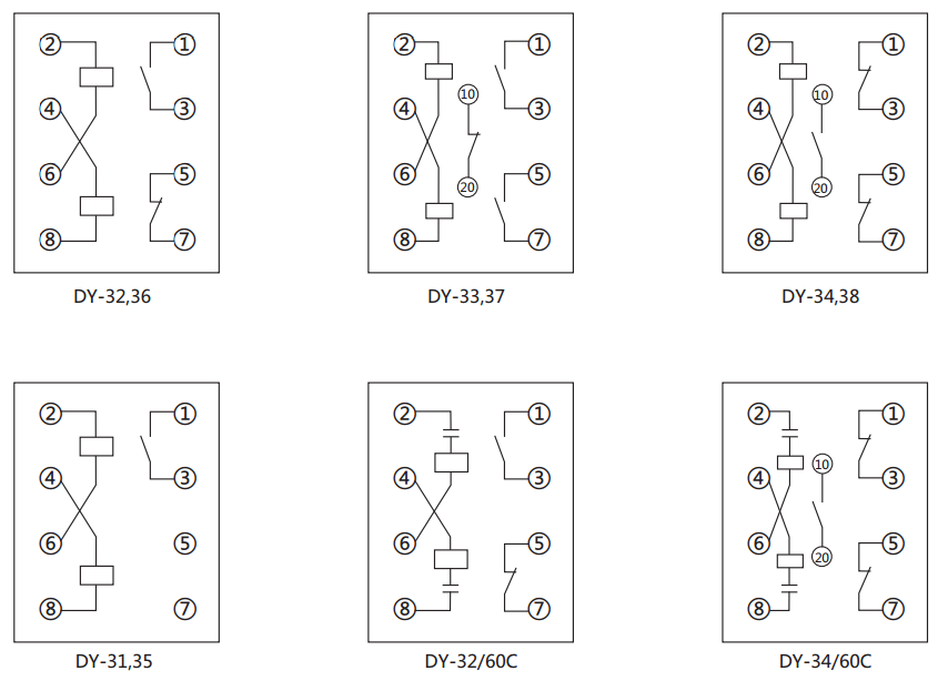 DY-36電壓繼電器內(nèi)部接線圖及外引接線圖(背視圖)