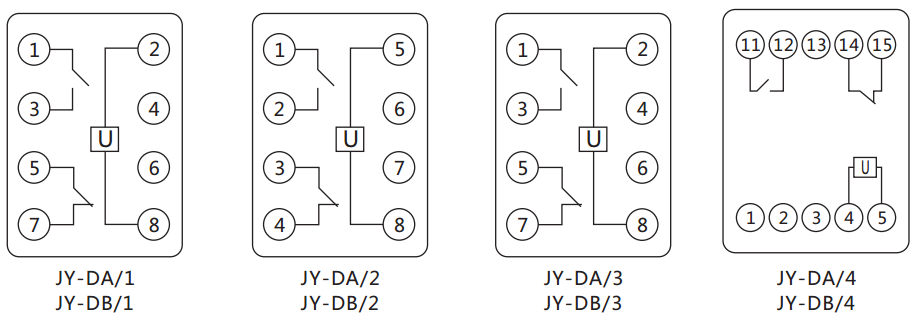 JY-DB/3集成電路直流電壓繼電器內(nèi)部接線圖及外引接線圖（正視圖）