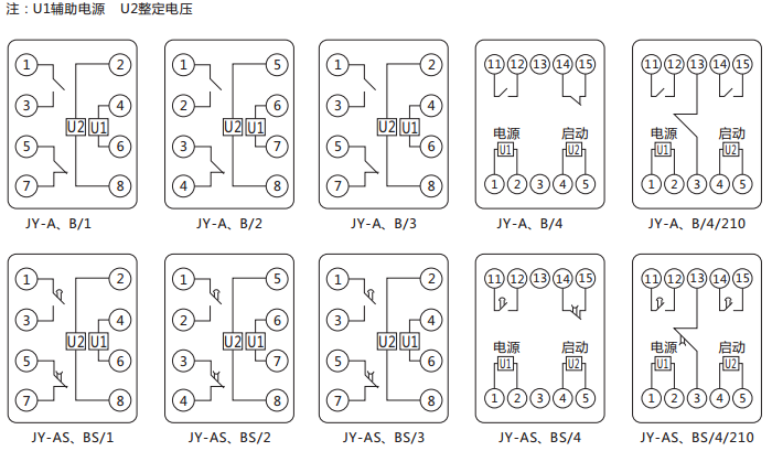 JY-AS/4集成電路電壓繼電器內(nèi)部接線及外引接線圖