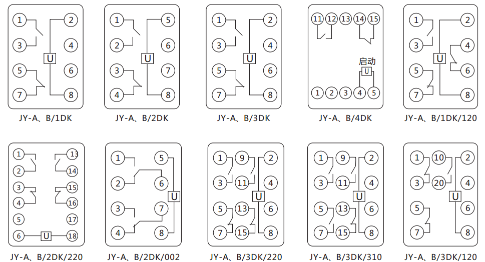 JY-B/3DK無輔源電壓繼電器內(nèi)部接線圖及外引接線圖（正視圖） 