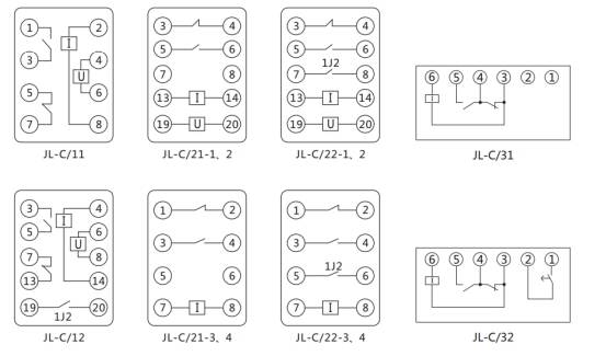 JL-C/21-1、2反時(shí)限電流繼電器內(nèi)部接線及外引接線圖（正視圖）