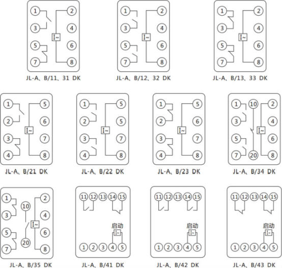 JL-A、B/43 DK無輔源電流繼電器內(nèi)部接線及外引端子圖（正視圖）