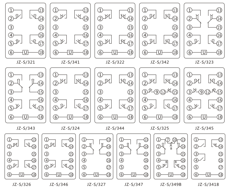 JZ-S/344靜態(tài)可調(diào)延時(shí)中間繼電器內(nèi)部接線圖及外引接線圖