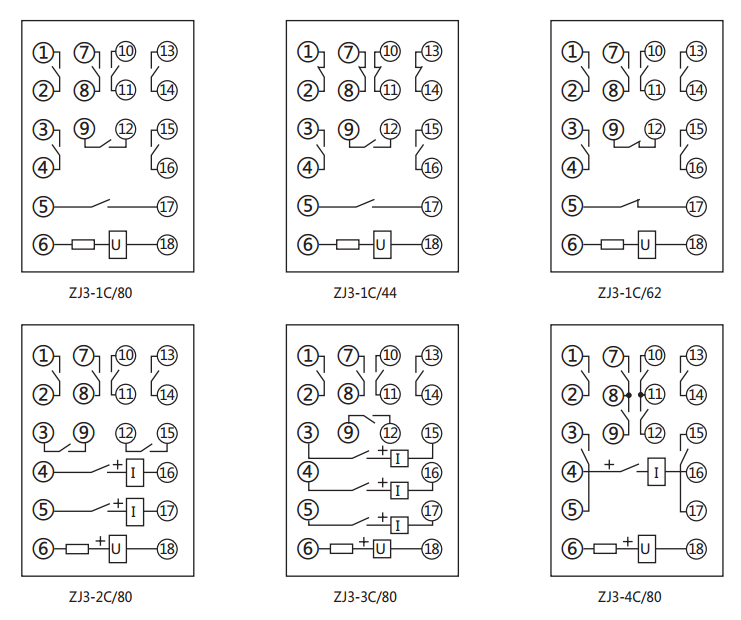 ZJ3-1C/62快速中間繼電器內(nèi)部接線圖及外引接線圖(正視圖)